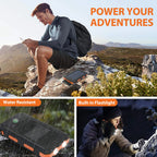 Person using a portable power station in a mountainous area with text highlighting features like water resistance and built-in flashlight.
