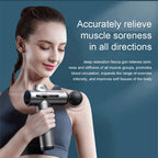Woman using a massage gun with text about muscle soreness relief on a blue background