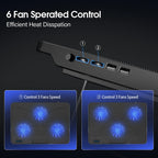 Laptop cooling pad with six fans and control buttons on a black background
