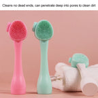 Two cleaning brushes, one pink and one green, on a pink background with text about their cleaning capabilities.