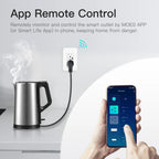 Smart outlet with a connected kettle and a phone displaying app controls on a light gray background.