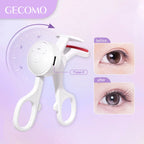 Eyelash extension tool with before and after images on a purple background
