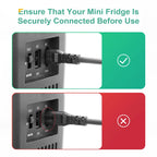 Instructional graphic showing correct and incorrect ways to plug in a mini fridge.