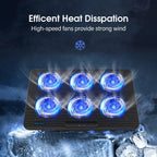 Laptop cooling pad with six blue fans on a dark background with ice elements.