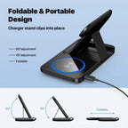 Foldable and portable phone charging stand with adjustable angles on a light blue background