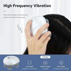 Person using a white electronic device on their head with text about high frequency vibration and three speed modes.