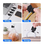 Collage of cable management products including a laptop, keyboard, phone, and a plant with a cable clip.