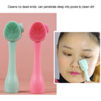 Two facial cleansing brushes, one green and one pink, with a person using the green brush on their face.
