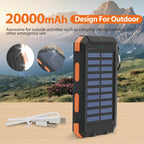 Solar power bank with 20000mAh capacity, designed for outdoor activities, on a mountainous landscape background.