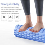 Person using a blue foam roller with durability features highlighted