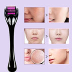 Facial roller device with before and after effects on skin shown on a purple background