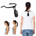 Back straightener device worn by a person with side views showing posture correction.