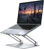 Laptop on a metal stand with a scenic display